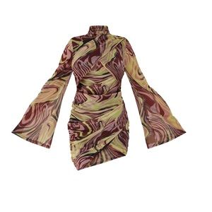 Pretty Little Thing Multi Marble Print Mesh Cut Out Flared Sleeve Bodycon Dress